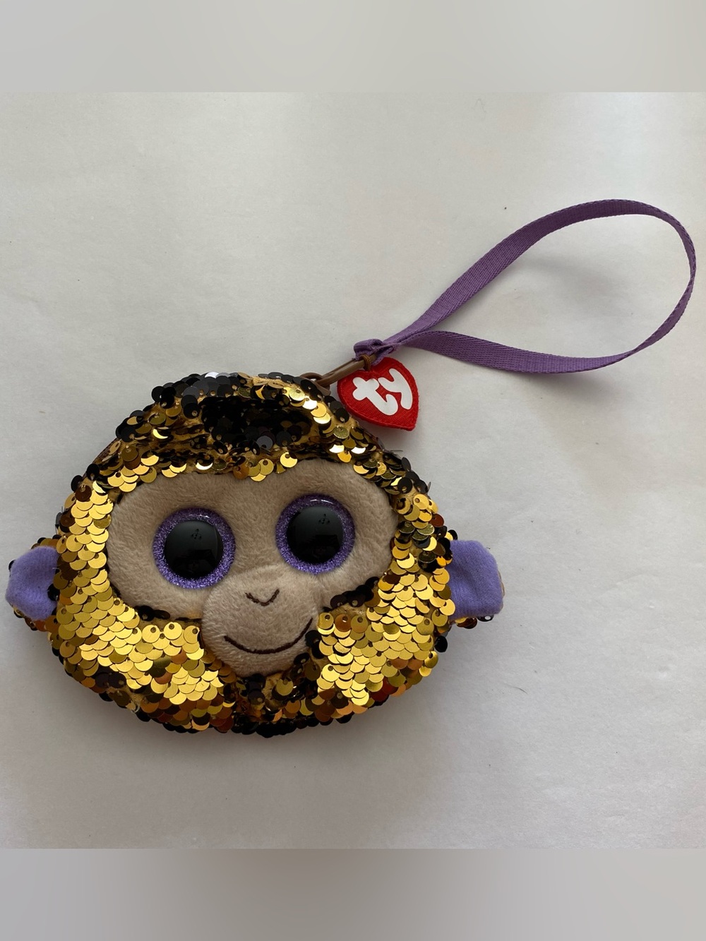 Ty “Coconut” Monkey Beanie Boo Sequin Pouch with Wristlet Strap